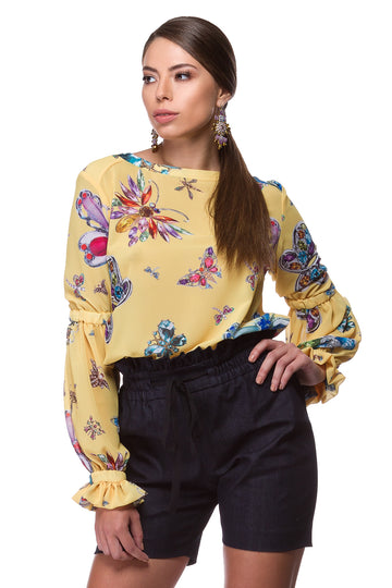 Yellow chiffon blouse with butterfly print WBL-0001